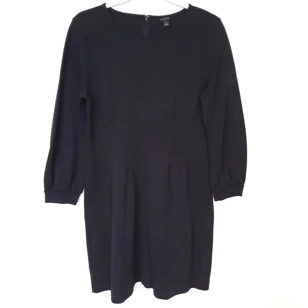Ann Taylor Dress Women 10 Black Long Balloon Sleeve Round Neck Minimalist Modest